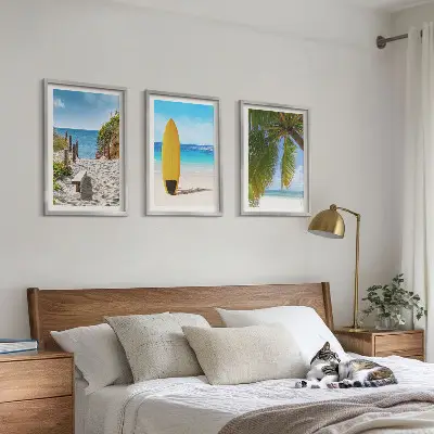 Zestaw obrazów do salonu wakacyjne plaże z falami i palmami