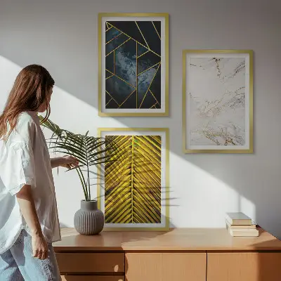 Zestaw 3 obrazów do salonu wzory geometryczne i motywy roślinne