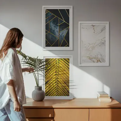 Zestaw 3 obrazów do salonu wzory geometryczne i motywy roślinne