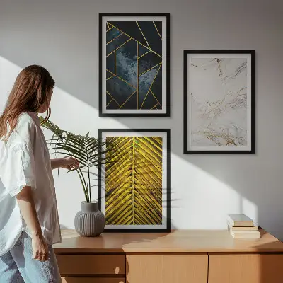 Zestaw 3 obrazów do salonu wzory geometryczne i motywy roślinne
