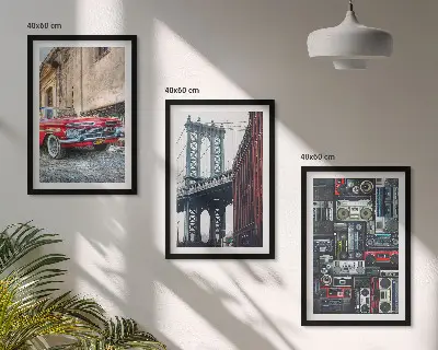 Zestaw obrazów do salonu z motywem starego auta na moście Brooklyn w stylu retro