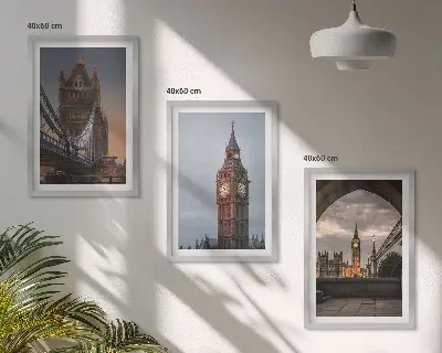 Kompozycja obrazów na ścianę przedstawiająca Londyn, most oraz zegar Big Ben