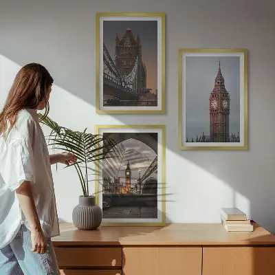 Kompozycja obrazów na ścianę przedstawiająca Londyn, most oraz zegar Big Ben