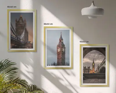 Kompozycja obrazów na ścianę przedstawiająca Londyn, most oraz zegar Big Ben