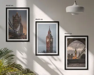 Kompozycja obrazów na ścianę przedstawiająca Londyn, most oraz zegar Big Ben
