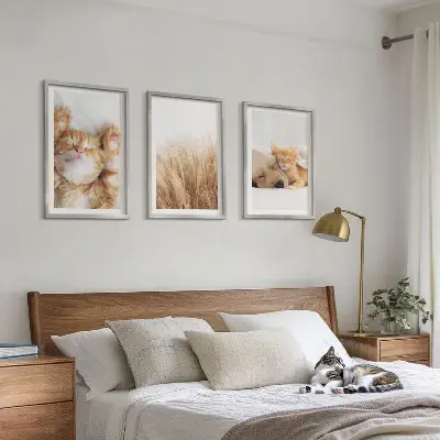 Kompozycja obrazów na ścianę ze słodkimi zwierzętami psami i kotami w stylu boho