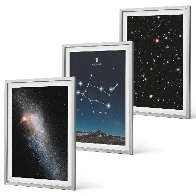 Zestaw 3 obrazów do salonu Zodiak Bliźnięta galaktyka z motywem galaktyki
