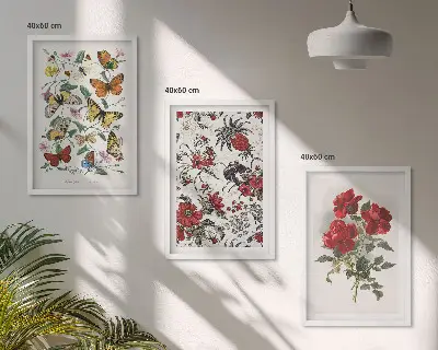 Zestaw obrazów do salonu z motywem kwiatów i czerwonych róż z motylami