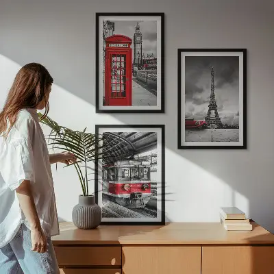 Kompozycja obrazów na ścianę ikony Londyn i Paryż z motywem transportu