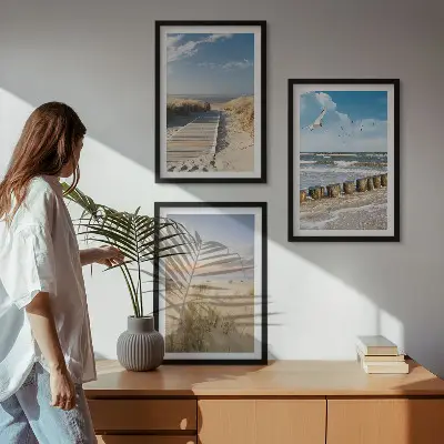 Kompozycja obrazów na ścianę plaża z piaskiem falami niebem i ptakami