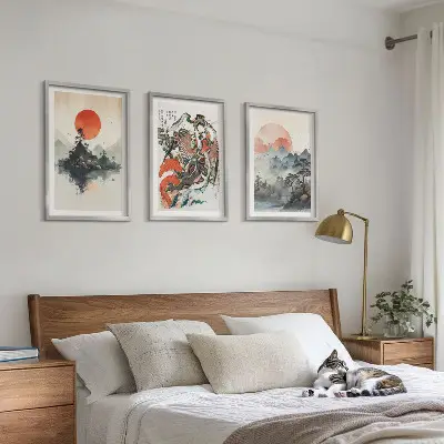 Zestaw 3 obrazów do salonu w stylu azjatyckie malunki japandi