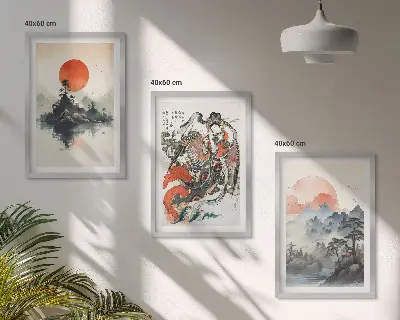 Zestaw 3 obrazów do salonu w stylu azjatyckie malunki japandi