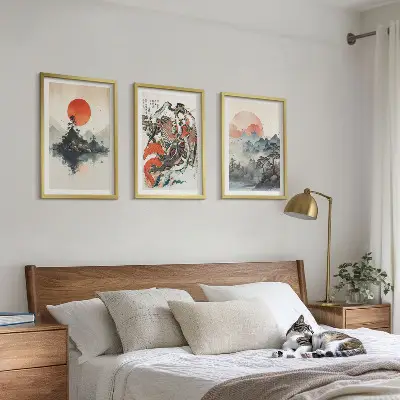 Zestaw 3 obrazów do salonu w stylu azjatyckie malunki japandi