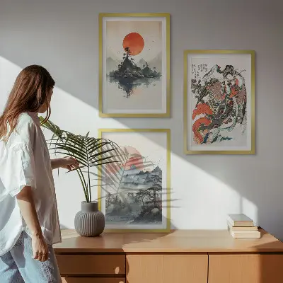 Zestaw 3 obrazów do salonu w stylu azjatyckie malunki japandi