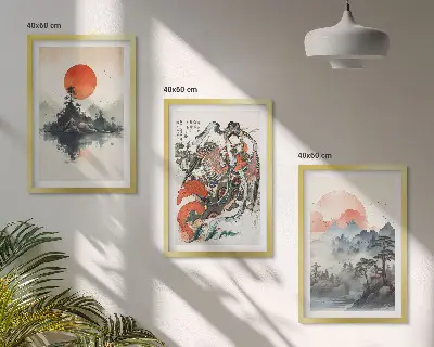 Zestaw 3 obrazów do salonu w stylu azjatyckie malunki japandi