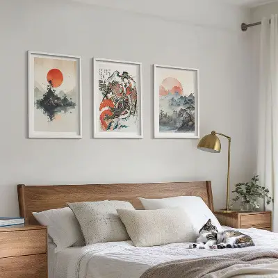 Zestaw 3 obrazów do salonu w stylu azjatyckie malunki japandi