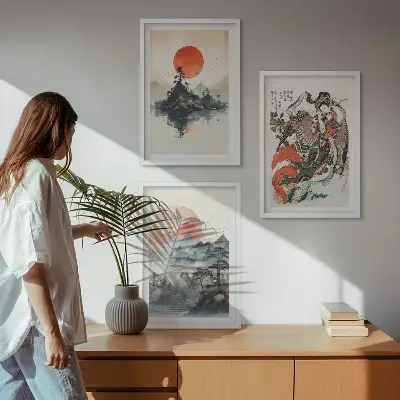 Zestaw 3 obrazów do salonu w stylu azjatyckie malunki japandi