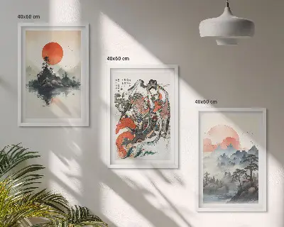 Zestaw 3 obrazów do salonu w stylu azjatyckie malunki japandi