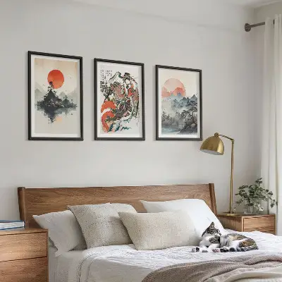 Zestaw 3 obrazów do salonu w stylu azjatyckie malunki japandi