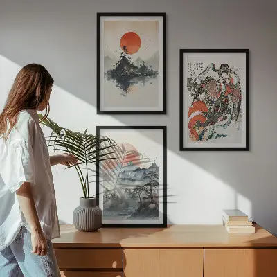 Zestaw 3 obrazów do salonu w stylu azjatyckie malunki japandi