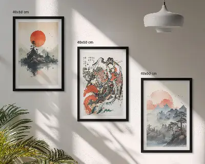 Zestaw 3 obrazów do salonu w stylu azjatyckie malunki japandi