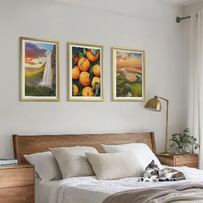 Wodospad góry pomarańcze zestaw 3 obrazów do salonu