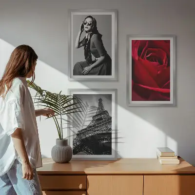 Kompozycja obrazów na ścianę paryska dama w okularach z motywem wieży Eiffla