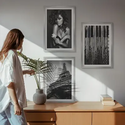 Zestaw 3 obrazów do salonu Portret kobiety z różą Eiffla