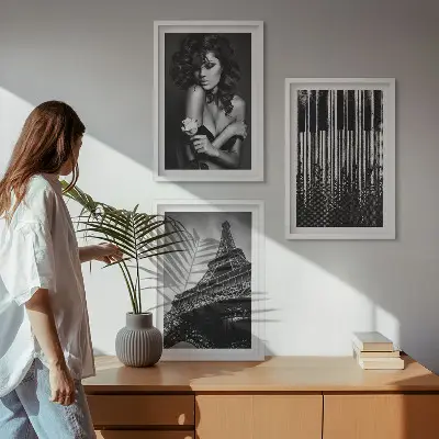 Zestaw 3 obrazów do salonu Portret kobiety z różą Eiffla