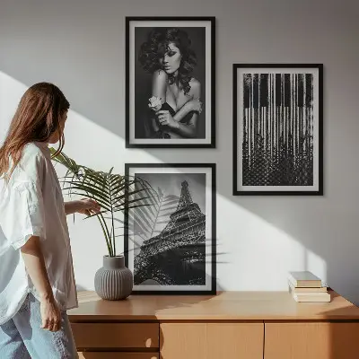 Zestaw 3 obrazów do salonu Portret kobiety z różą Eiffla