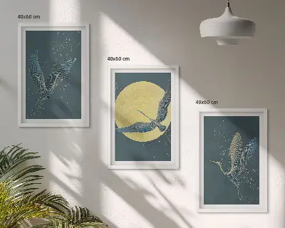 Zestaw obrazów do salonu Żurawie w locie nocą