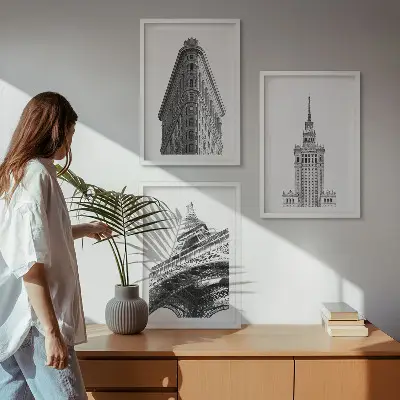 Kompozycja obrazów na ścianę architektoniczne czarno-białe budowle