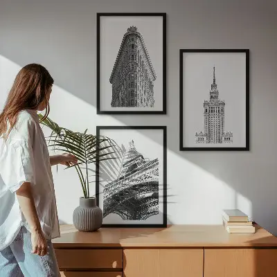 Kompozycja obrazów na ścianę architektoniczne czarno-białe budowle