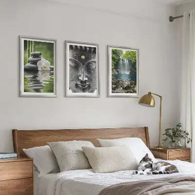 Zestaw 3 obrazów do salonu z motywem harmonii, kamieni, wody i Buddy