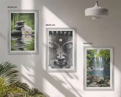 Zestaw 3 obrazów do salonu z motywem harmonii, kamieni, wody i Buddy