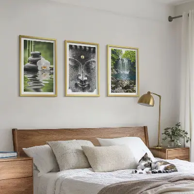 Zestaw 3 obrazów do salonu z motywem harmonii, kamieni, wody i Buddy