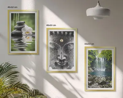 Zestaw 3 obrazów do salonu z motywem harmonii, kamieni, wody i Buddy