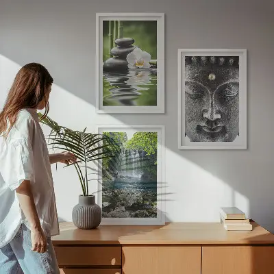Zestaw 3 obrazów do salonu z motywem harmonii, kamieni, wody i Buddy