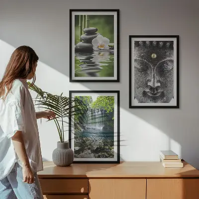 Zestaw 3 obrazów do salonu z motywem harmonii, kamieni, wody i Buddy
