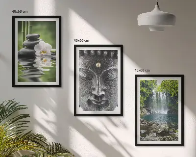 Zestaw 3 obrazów do salonu z motywem harmonii, kamieni, wody i Buddy
