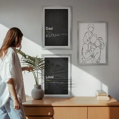 Zestaw 3 obrazów do salonu z motywem rodzinnej miłości w stylu line art przedstawiającym ojcostwo