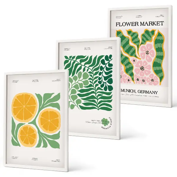 Kompozycja obrazów na ścianę z motywami owoców i roślin w pastelowych kolorach