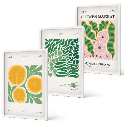 Kompozycja obrazów na ścianę z motywami owoców i roślin w pastelowych kolorach