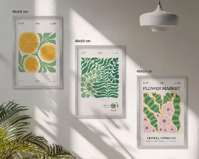 Kompozycja obrazów na ścianę z motywami owoców i roślin w pastelowych kolorach