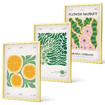Kompozycja obrazów na ścianę z motywami owoców i roślin w pastelowych kolorach