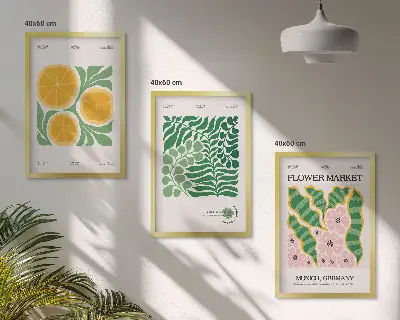 Kompozycja obrazów na ścianę z motywami owoców i roślin w pastelowych kolorach