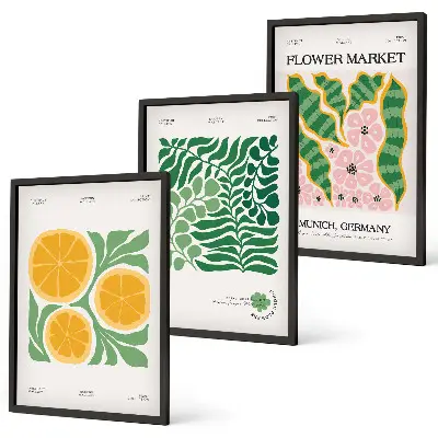 Kompozycja obrazów na ścianę z motywami owoców i roślin w pastelowych kolorach