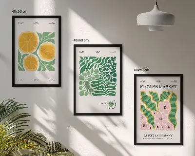 Kompozycja obrazów na ścianę z motywami owoców i roślin w pastelowych kolorach