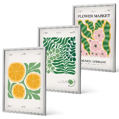 Kompozycja obrazów na ścianę z motywami owoców i roślin w pastelowych kolorach