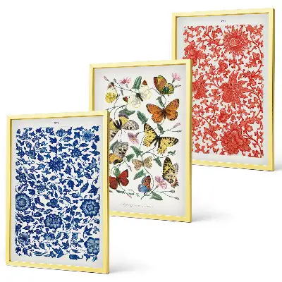 Kompozycja obrazów na ścianę vintage kwiaty, motyle i ornamenty